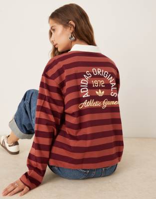 Adidas Originals Striped Long Sleeve Polo Shirt In Multi