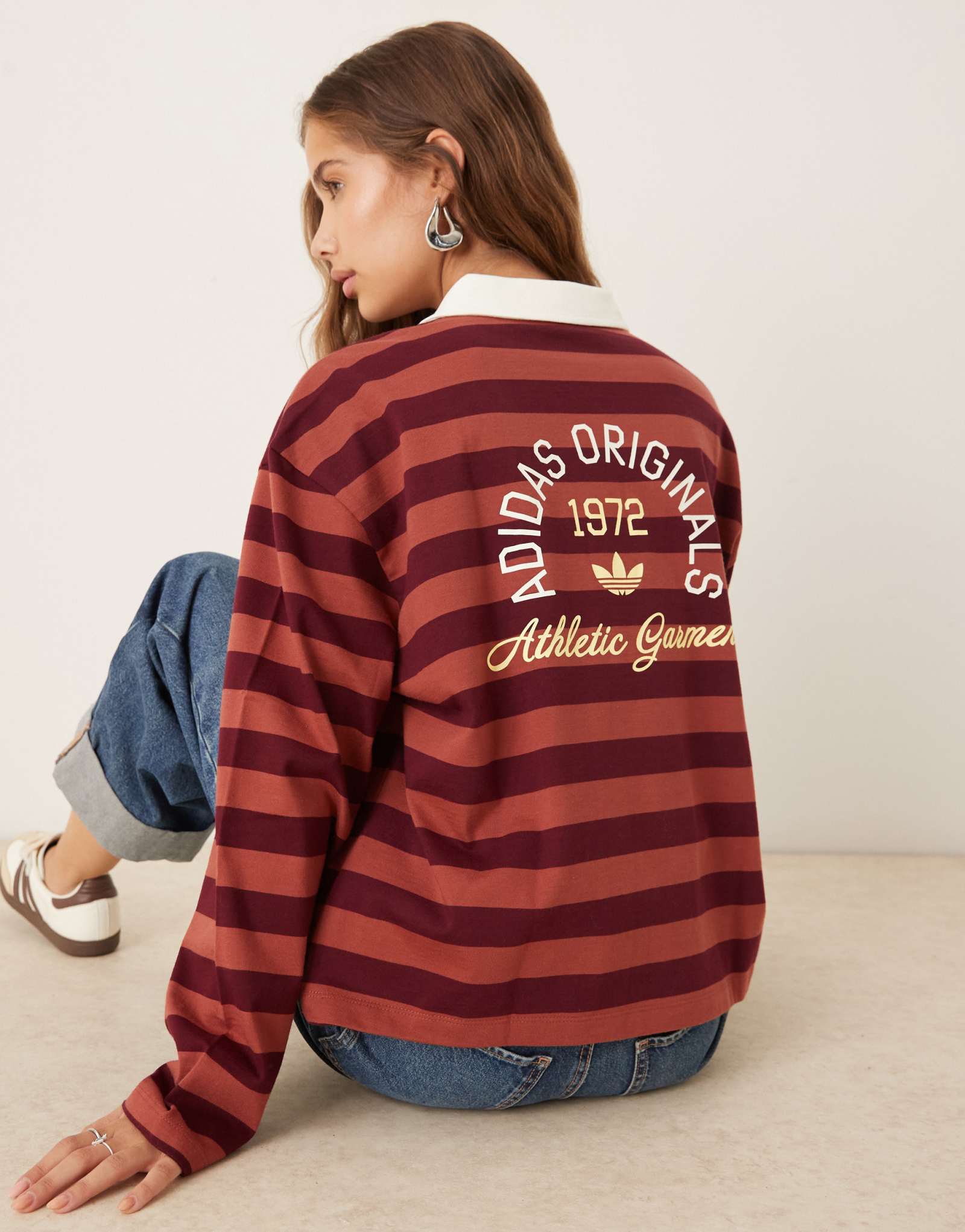 рубашка поло adidas Originals в полоску с длинным рукавом бордового цвета
