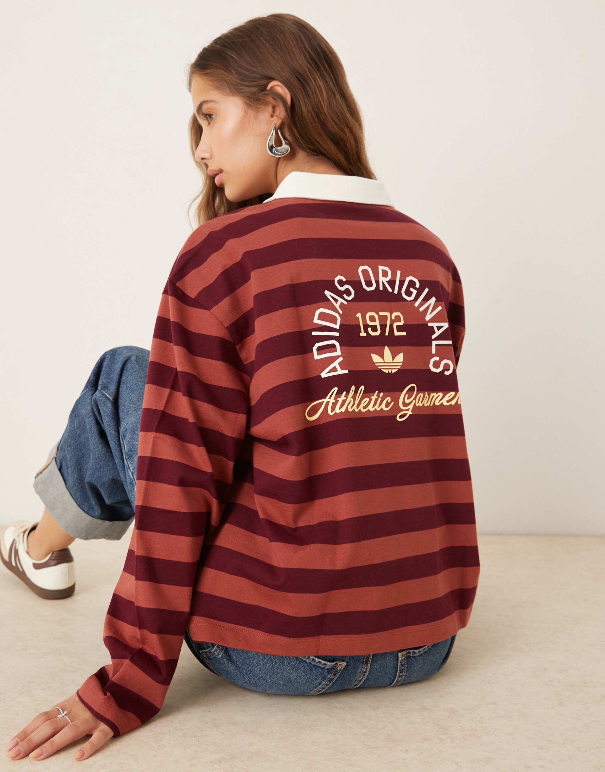 adidas originals striped long sleeve polo shirt in burgundy