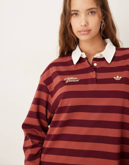 adidas Originals striped long sleeve polo shirt in burgundy