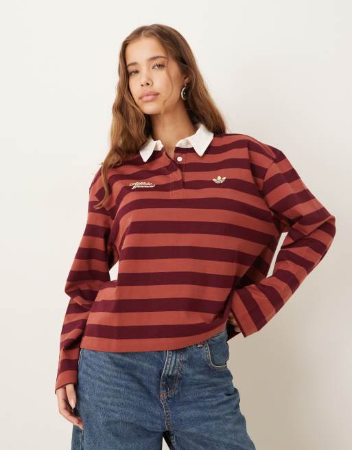 adidas Originals striped long sleeve polo shirt in burgundy