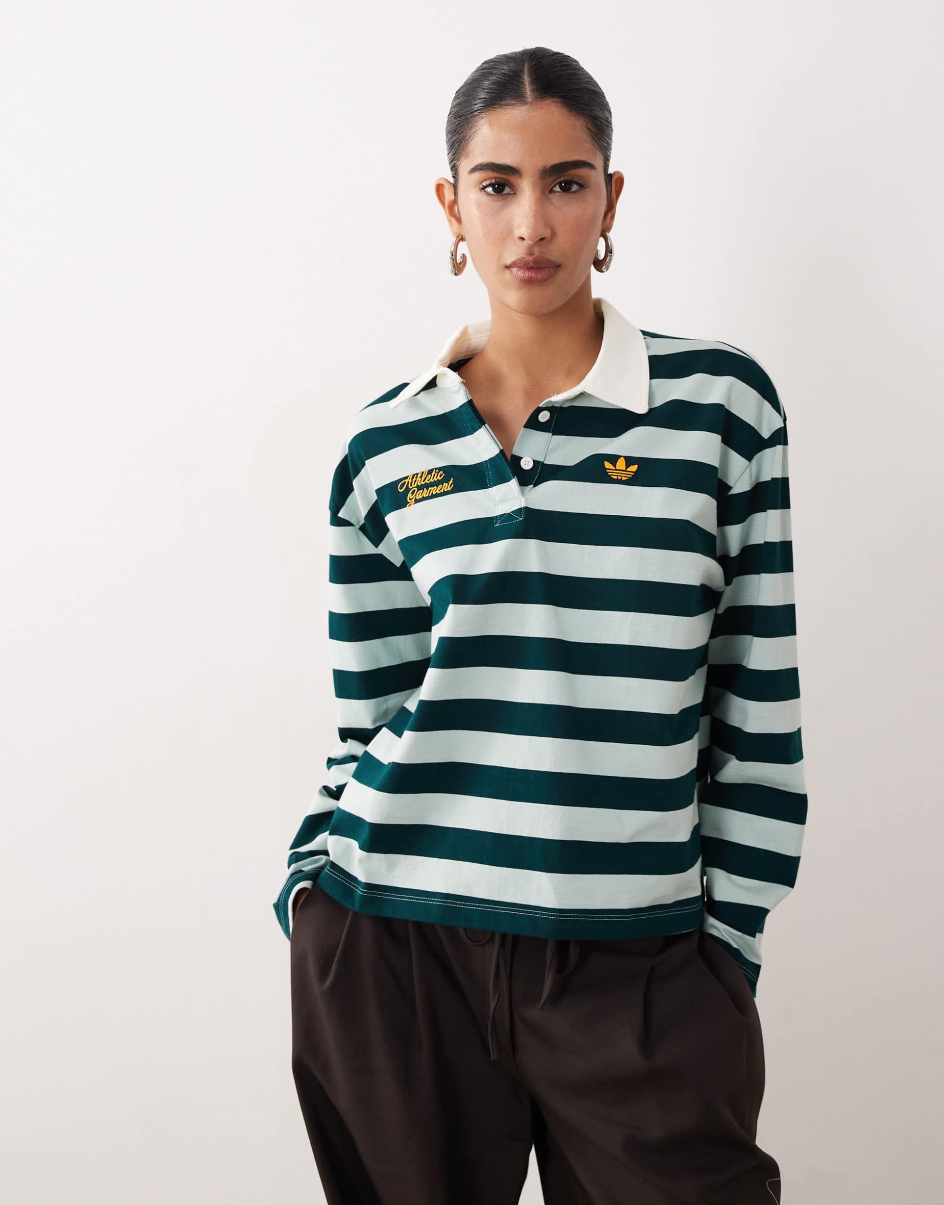 adidas originals striped long sleeve polo shirt in light green