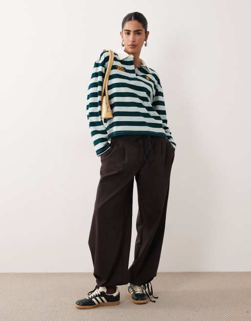 adidas Originals striped long sleeve polo shirt in light green