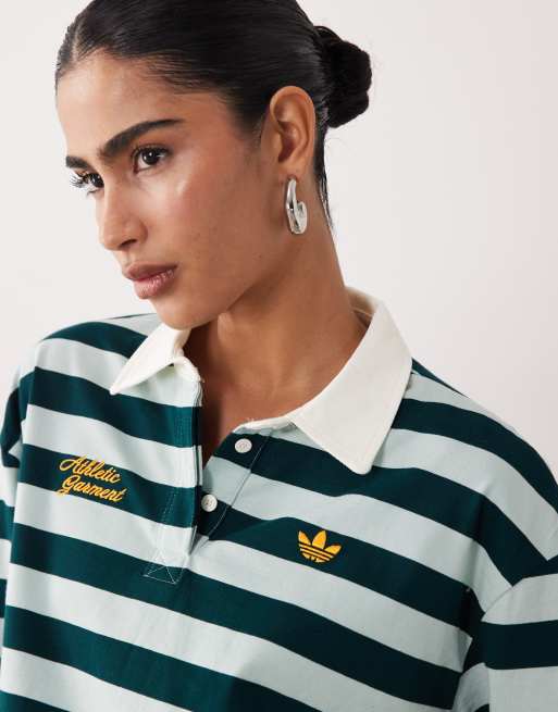 adidas Originals striped long sleeve polo shirt in light green