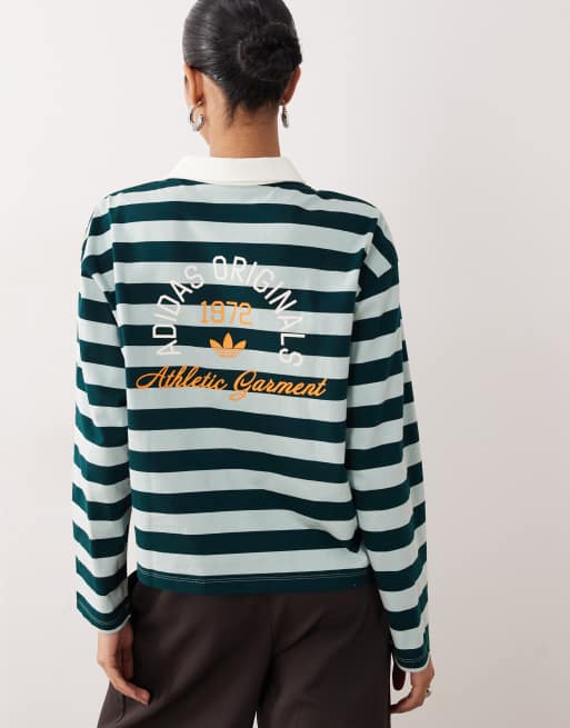 adidas Originals striped long sleeve polo shirt in light green