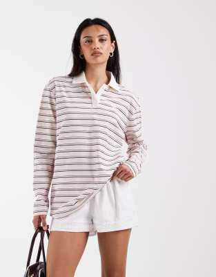 Adidas Originals striped oversized long sleeve polo in pink and white pink 9690₽