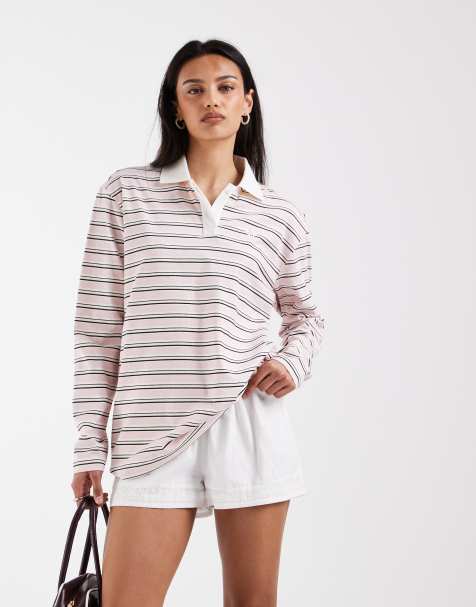 adidas Originals striped oversized long sleeve polo in pink and white - view 1