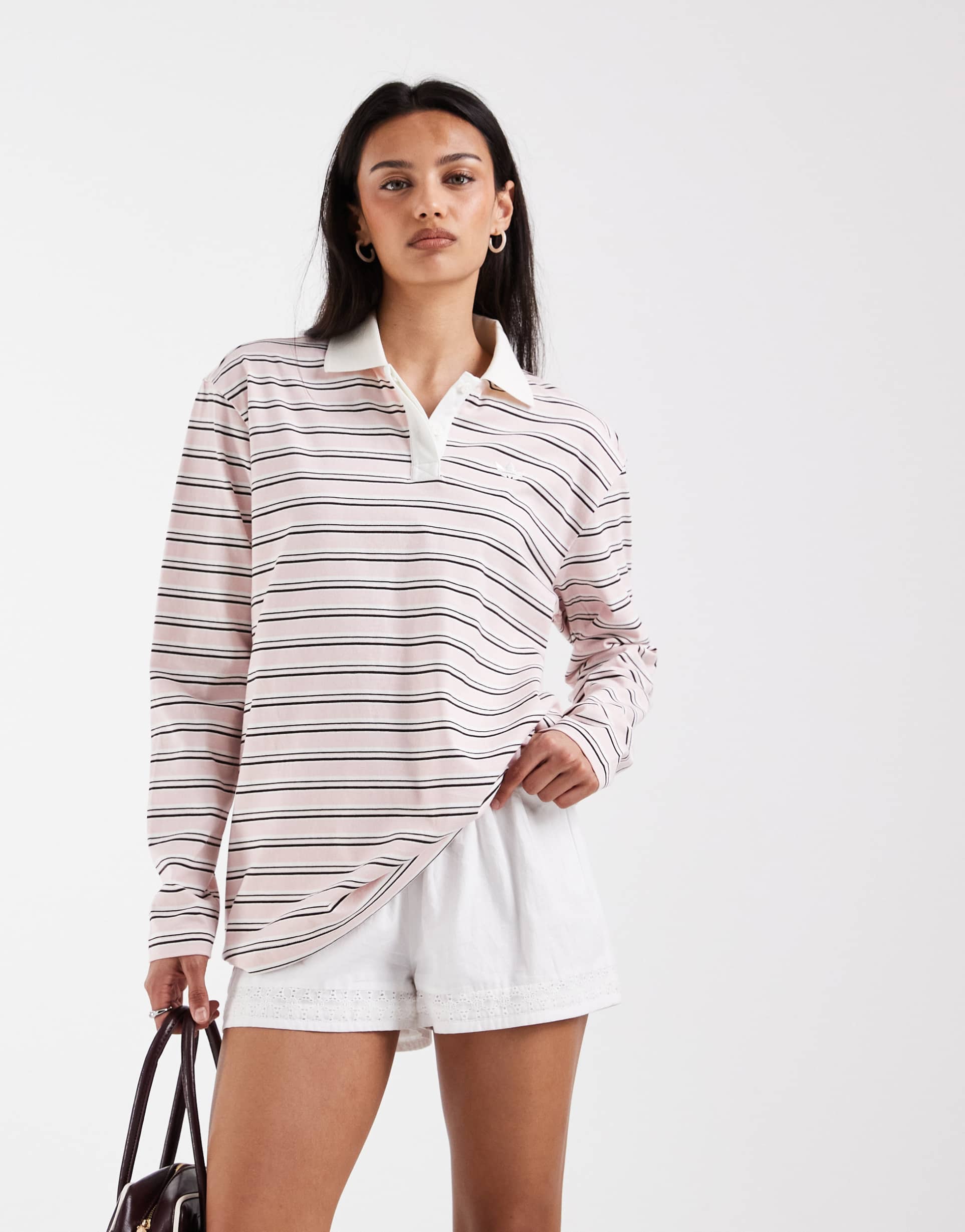 adidas originals striped oversized long sleeve polo in pink and white