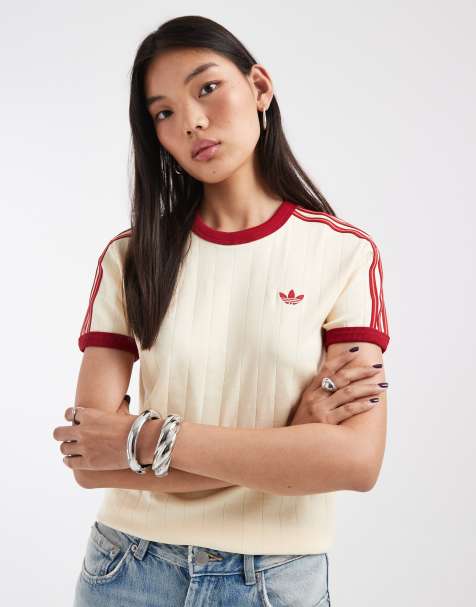 adidas Originals striped T-shirt in cream and burgundy - view 1