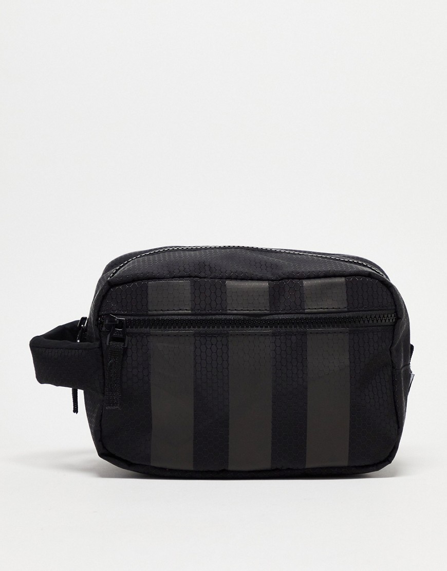 striped washbag in black and gray