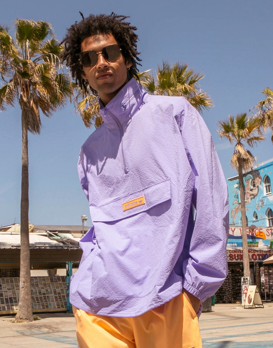 adidas Originals 'Summer Club' quarter zip seersucker windbreaker jacket in lilac-Purple