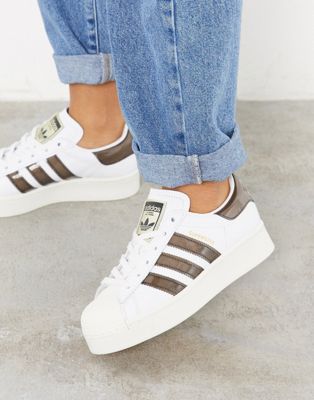 adidas Originals Superstar bold style trainers in white and brown | ASOS