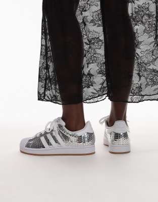  Superstar II croc print trainers in metallic silver 