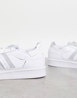 Adidas superstar white with grey stripes best sale