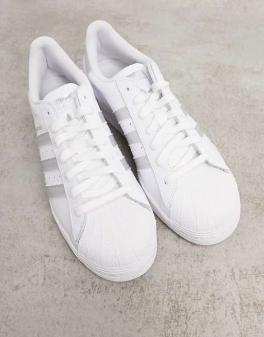 Adidas white clearance with silver stripes