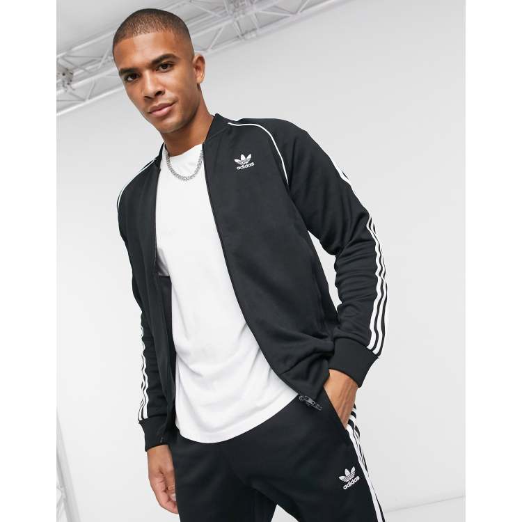 Adidas jacket black with best sale white stripes