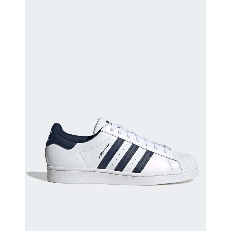 Adidas superstar white and navy clearance blue