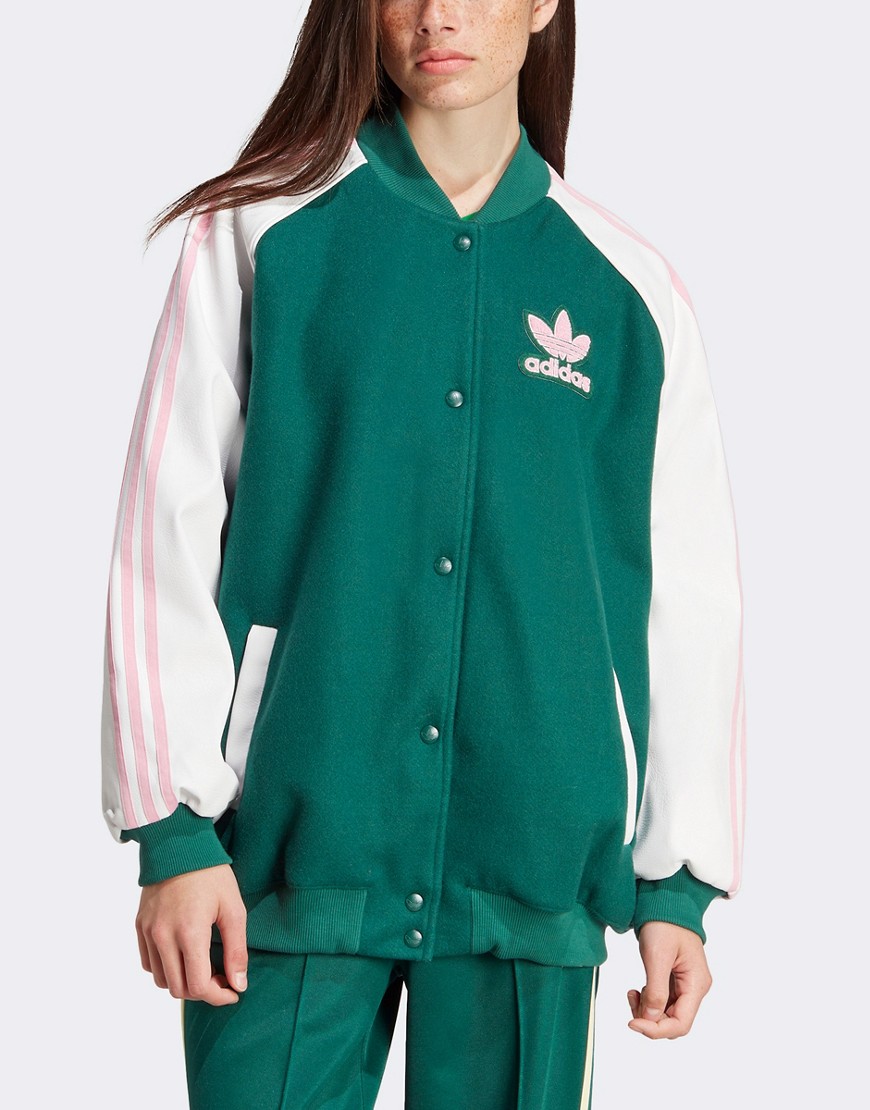 Shop Adidas Originals Superstar Varsity Jacket With Pink Detail In Collegiate Green
