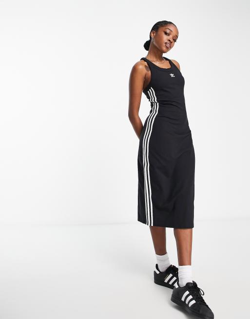 adidas Originals – Svart, ärmlös midiklänning med tre ränder