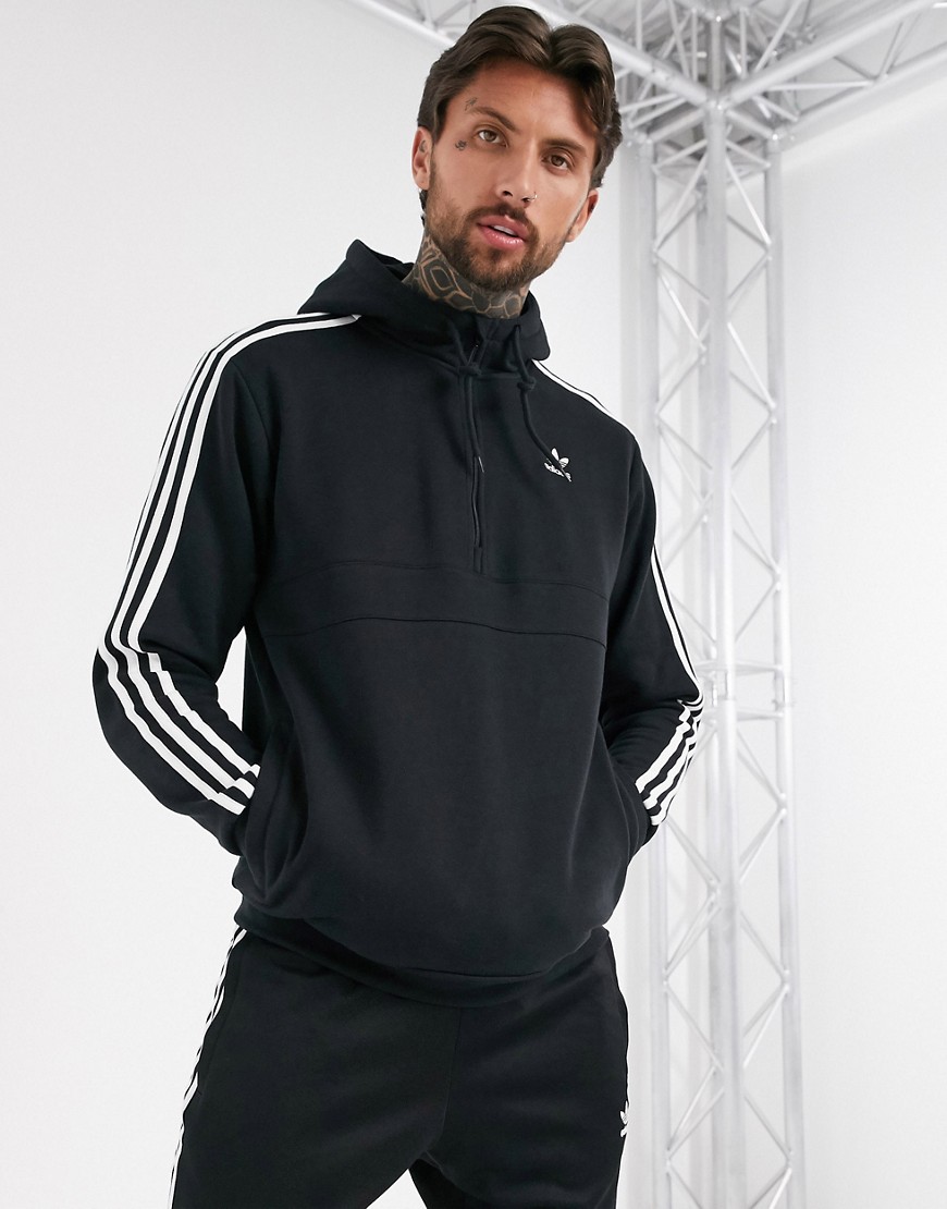 Adidas Originals – Svart huvtröja med 3 ränder och halvlång dragkedja