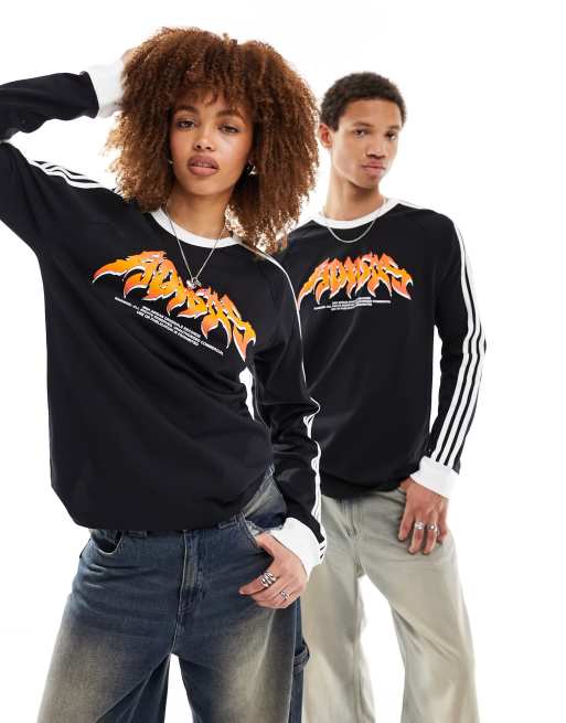 adidas Originals – Svart långärmad topp i unisex-modell med flammande tryck