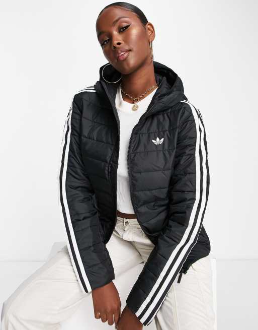 adidas Originals – Svart smal pufferjacka med treklöverlogga 