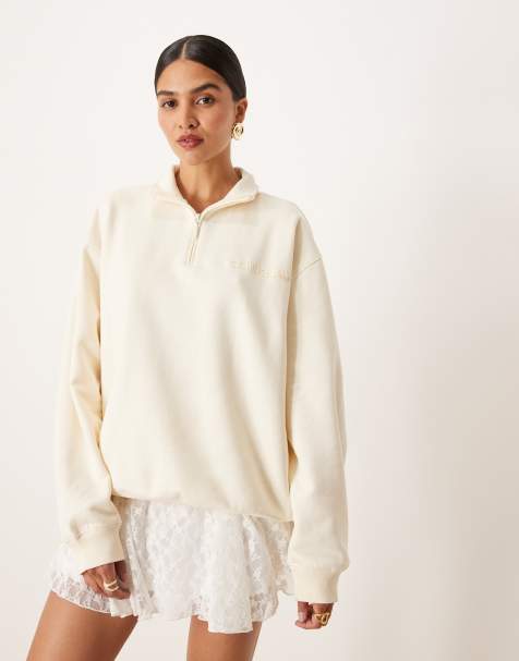 adidas Originals – Sweatshirt in Creme mit linearem Logo und kurzem Reißverschluss - view 1