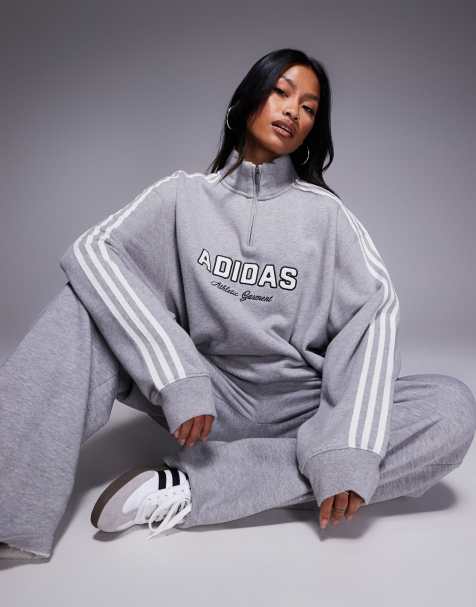 adidas Originals – Sweatshirt in Grau mit Print vorne und kurzem Reißverschluss - view 1