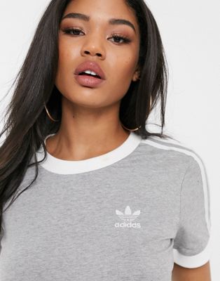 Tops imprimés Adidas Originals - T-shirt 3 bandes à bordures contrastantes - Gris