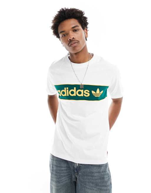 adidas Originals - T-shirt à logo linéaire - Blanc, vert foncé et jaune
