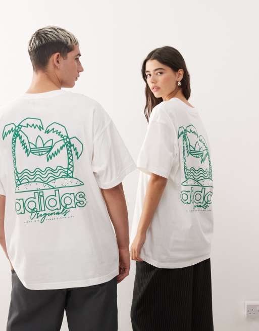 adidas Originals - T-shirt bianca con grafica con palme sul retro