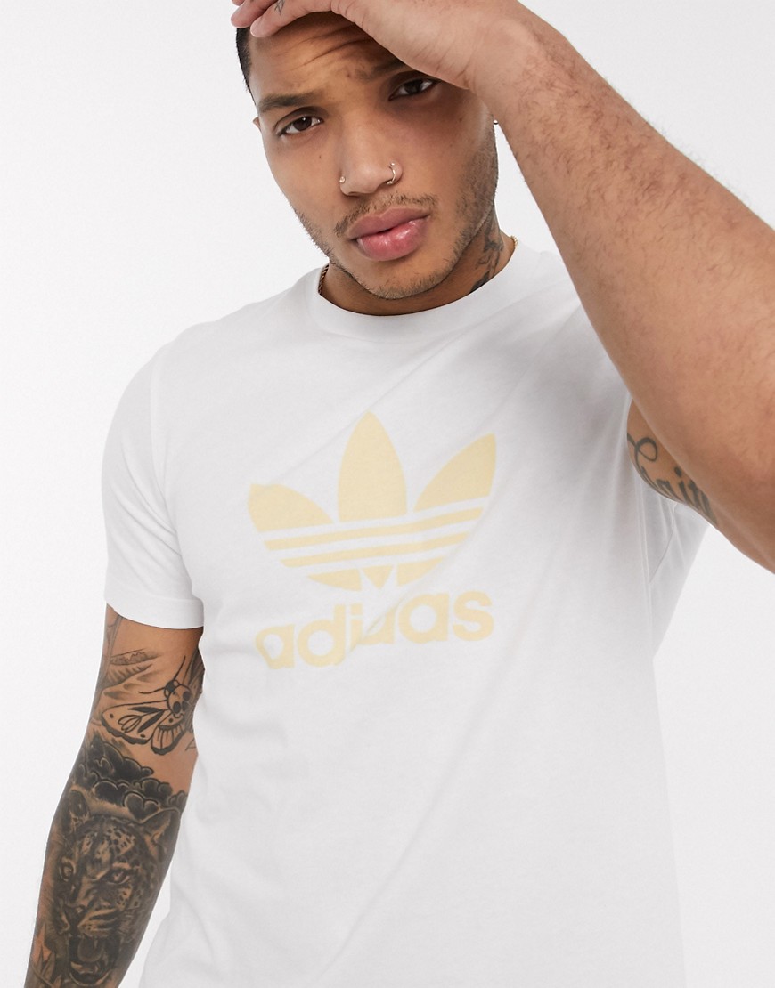 Adidas Originals - T-shirt bianca con logo a trifoglio giallo-Bianco