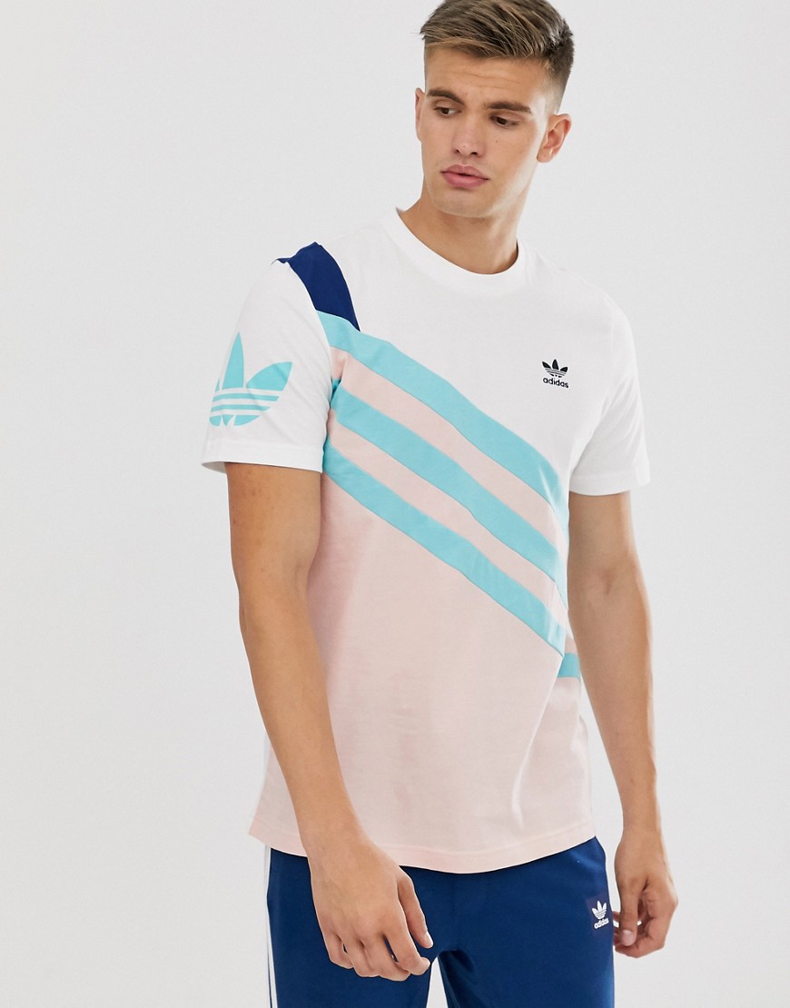 Adidas Originals - T-shirt bianco multi con strisce e logo a trifoglio sulla manica-Multicolore