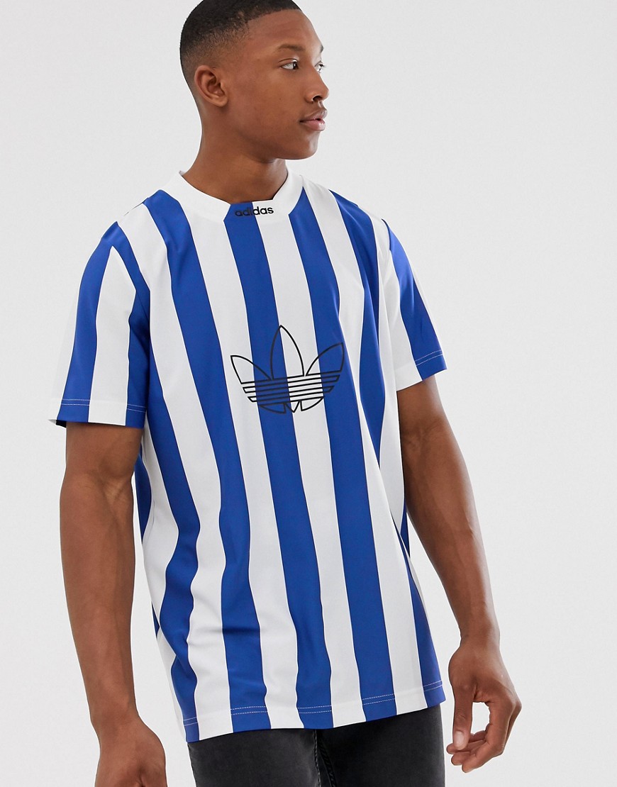 Adidas Originals - T-shirt blu a righe con logo centrale