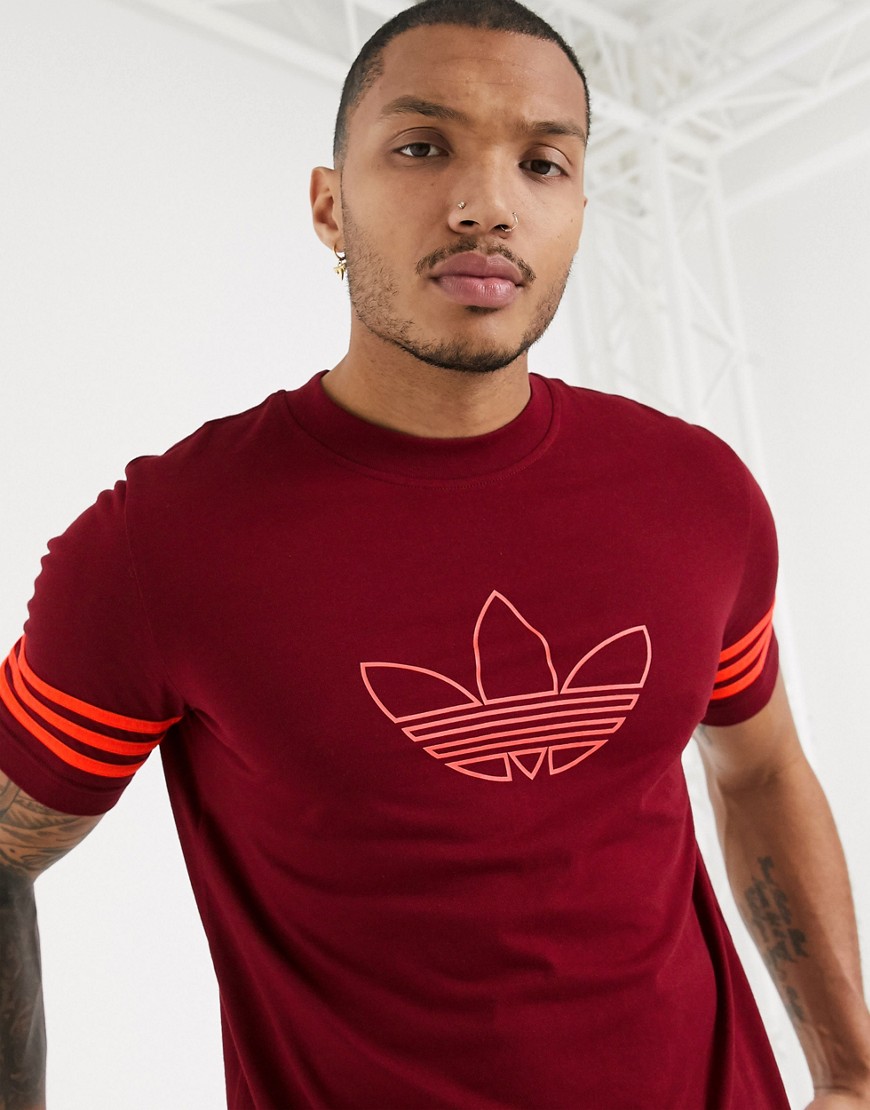 Adidas Originals - T-shirt bordeaux con contorno del logo a trifoglio-Rosso