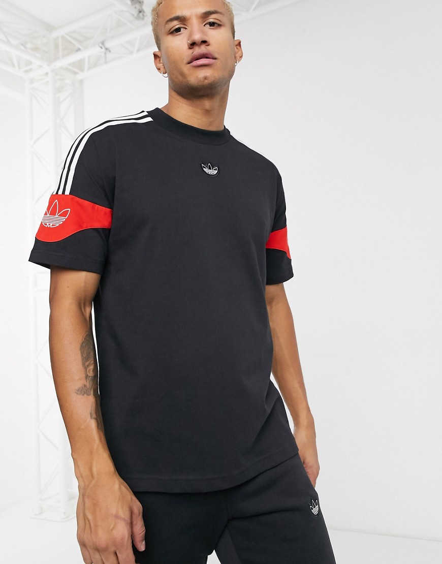 Adidas Originals - T-shirt con logo a trifoglio centrale e stampa sulla manica nera-Bianco