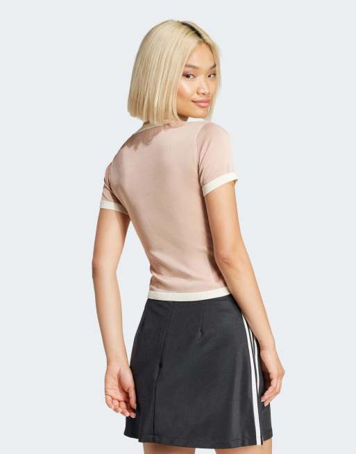 adidas Originals T-shirt crop top en maille à bandes Beige