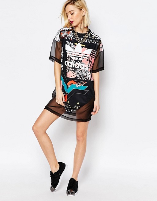 Adidas Originals T Shirt Dress With Trefoil Logo Sheer Mixed Floral