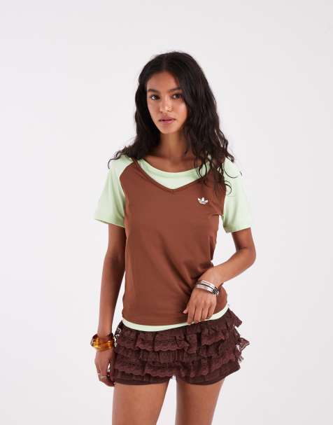 adidas Originals - T-shirt effet superposé style vintage - Marron et vert - view 1