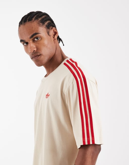adidas Originals – T-Shirt in Beige und Rot mit den drei Streifen, 3 von 5