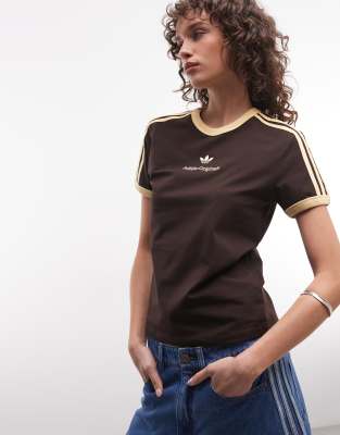 adidas Originals - T-Shirt in Braun mit den drei Streifen und mittigem Retro-Logo-Brown