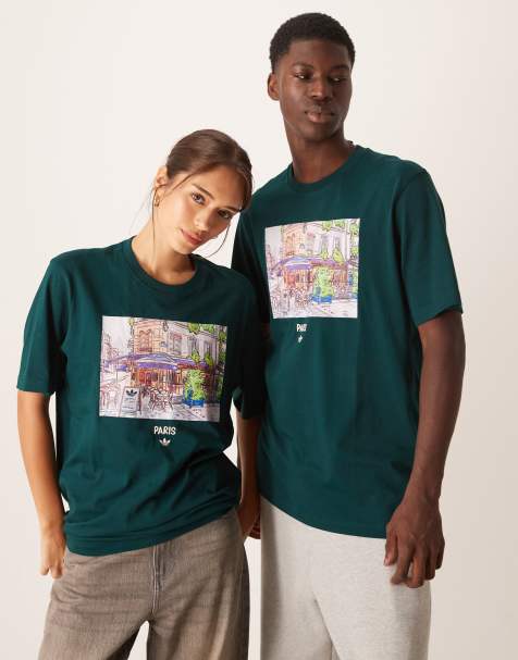 adidas Originals – T-Shirt in Dunkelgrün mit Paris-Grafikprint - view 1
