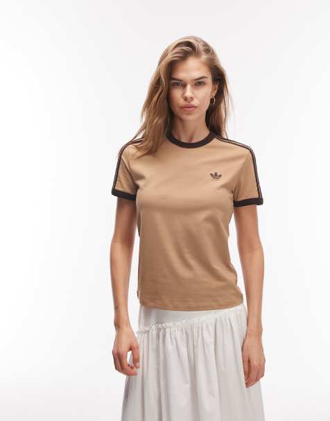 adidas Originals – T-Shirt in Hellbraun mit den 3 Streifen - view 1