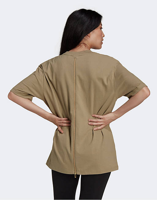 adidas Originals T-shirt in khaki with gold logo and back zipper detail |  ASOS