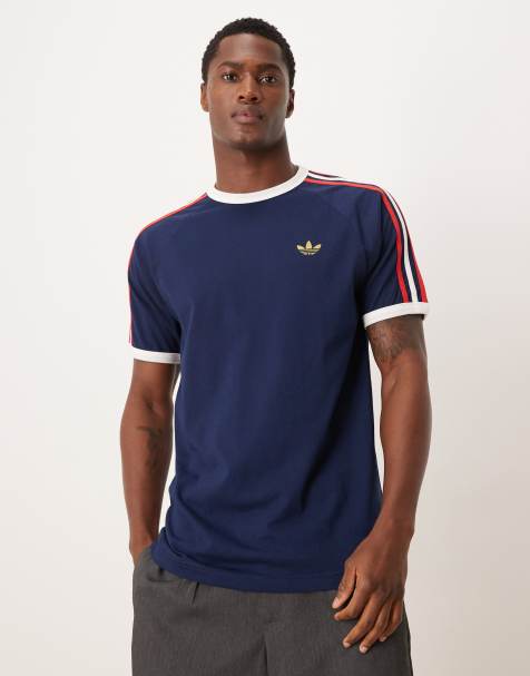 adidas Originals – T-Shirt in Marineblau und Rot mit den 3 Streifen  - view 1