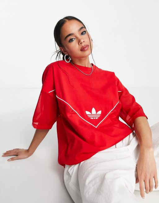 adidas Originals – T-Shirt in Rot mit Dreiblatt-Logo und Netzstoffeinsätzen