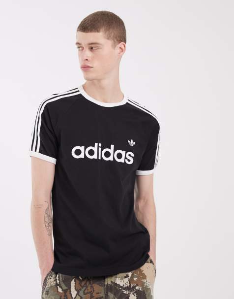 adidas Originals - T-shirt met 3-Stripes en gekleurde randjes in zwart en wit - view 1