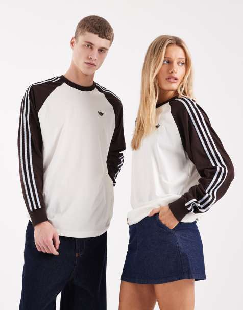 adidas Originals - T-shirt met gekleurd randje om de hals en lange mouwen in gebroken wit en bruin - view 1