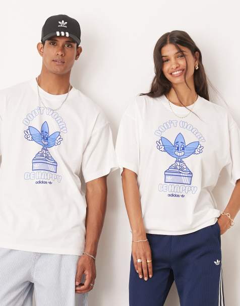 adidas Originals - T-shirt met grafische print van blije trefoil in wit - view 1