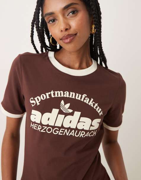 adidas Originals - T-shirt met retro logo in bruin en wit - view 1